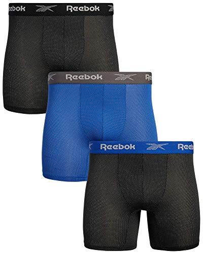 Reebok Men's Underwear - Performance Boxer Briefs with Fly Pouch (4 Pack), Size Large, BlackBlueGreyPrint