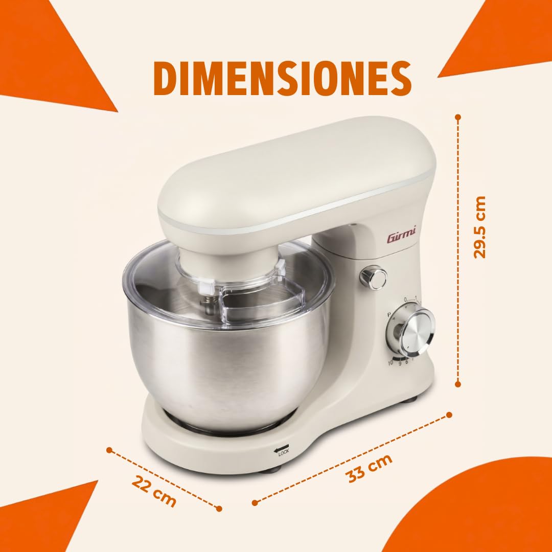 Girmi IM21W Batidora amasadora 5 L, 1500 W máx, 10 velocidades, Gesso | 1500 W máx., bol de acero inoxidable, 10 velocidades + Pulse y 3 accesorios para masas, cremas y preparaciones diarias