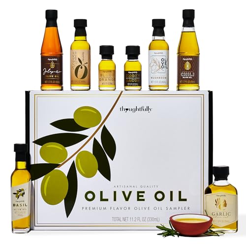 Product Image of the Thoughtfully Gourmet, Olive Oil Sampler Gift Set, Premium Extra-Virgin Olive Oil from Spain, Natural Flavors Include Garlic, Chili, Smoky Bacon, Mushroom, Jalapeno and More, Set of 8