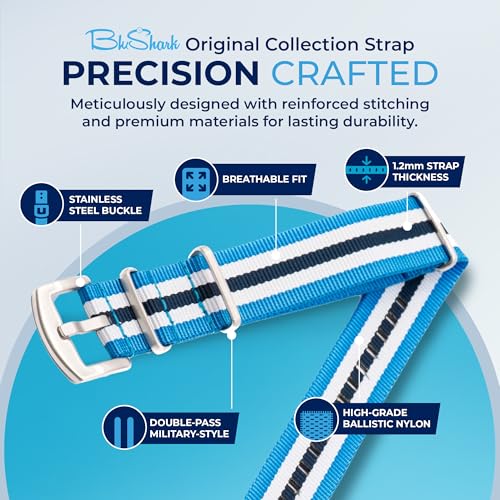 Image of BluShark - Original Collection Military-Style Waterproof Watch Strap, Fits All Timepiece Brands, Durable Nylon Wristwatch Accessories with Stainless Steel Buckle - 18mm, 20mm, 22mm & 24mm Watch Bands