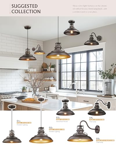 Image of FEMILA 18 inch Outdoor Pendant Lights for Porch, 2 Pack, Farmhouse Pendant Light, Barn Vintage Hanging Light Fixture for Kitchen Island, Adjustable Height,Oil Rubbed Bronze Finish, 4FY15-MP-L-2 ORB
