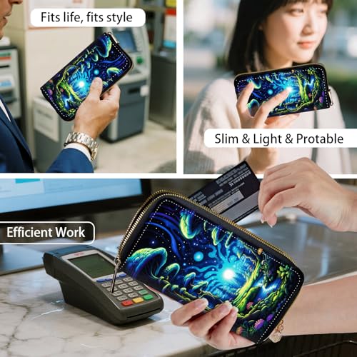 RFID Blocking Women's Wristlet Purse - Detachable Wrist Strap, Compact Foldable Design with 12 Card Slots & Zip Pocket Wallet for Travel,Gym,Everyday Security,Magic Cartoon Tree Galaxy4