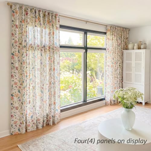 Image of jinchan Custom Size Curtain Beige Floral Linen Curtain Back Tab 1 Panel