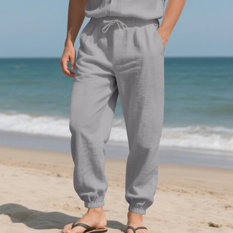 Mens Linen Pants Lightweight Summer Casual Elastic Waist Drawstring Beach Straight Workout Pants