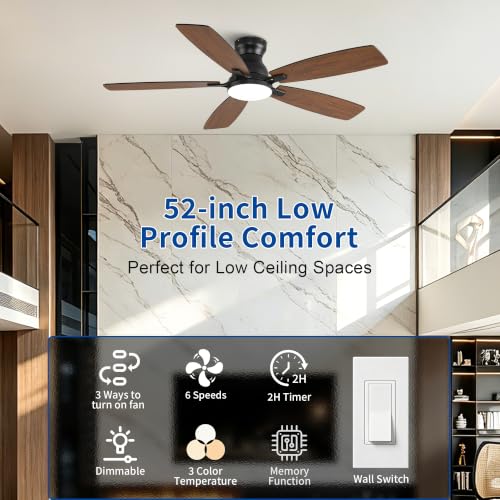 NKPU Ceiling Fans with Lights, Low Profile Ceiling Fan with Light and Remote/APP Control, DC Motor, Noiseless, Flush Mount, 52inch Brown Ceiling Fan for Bedroom Indoor/Outdoor Use - Image 2