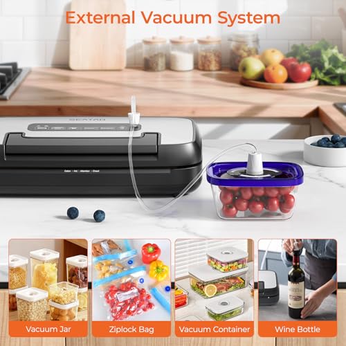 SEATAO Vacuum Sealer Machine for Food, 80Kpa Powerful Food Sealer Vacuum Sealer for Dry/Moist, 7-in-1 Seal a Meal for Sous Vide, Easy-Lock Handle, Built-in Cutter & Bag Storage, Removable Drip Tray