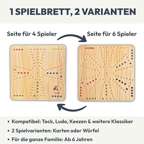 Ludibel – Tock & Ludo Spiel aus Holz XL 40x40 cm – Großes Brettspiel für 4 oder 6 Personen – Für Kinder, Erwachsene & Senioren – Inkl. Karten, Würfel & Glasmurmeln