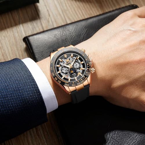 Image of OLEVS Self Winding Watches for Men Automatic Mechanical Skeleton Luxury Dress Waterproof Moon Phase Tourbillon Chronograph Stainless Steel Luminous Wristwatch
