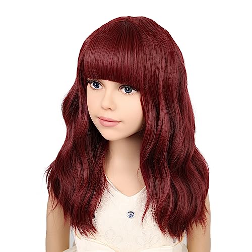 Image of PATTNIUM Wine Red Wig for Kids Child Shoulder Length Dark Red Wigs with Bangs Girls Burgundy Synthetic Hair Wigs