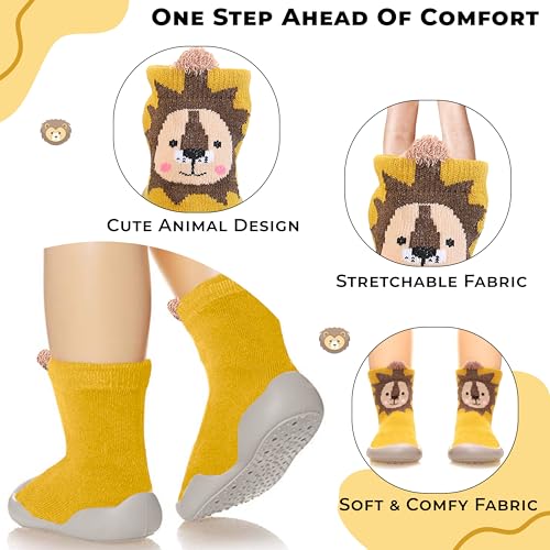 Image of BEMBIKA Baby Sock Shoes - Soft, Stretchy, Cotton Baby Sock Shoes for Infants - Baby Booties with Socks for Children, Ideal Kids Walking Sneakers Floor Socks for Indoor Use-(Turmeric Lion Size 18-19)