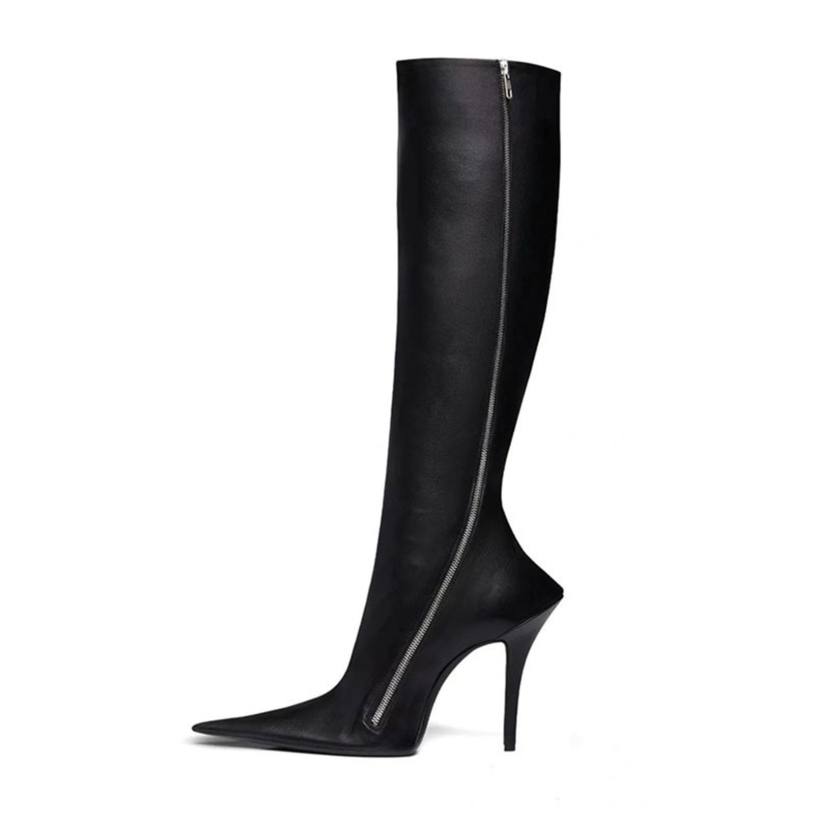 Black 4 5in Stiletto Pointed Toe Side Zipper Knee-High Boots Party Banquet Large Size Womens Fashionable High Boots