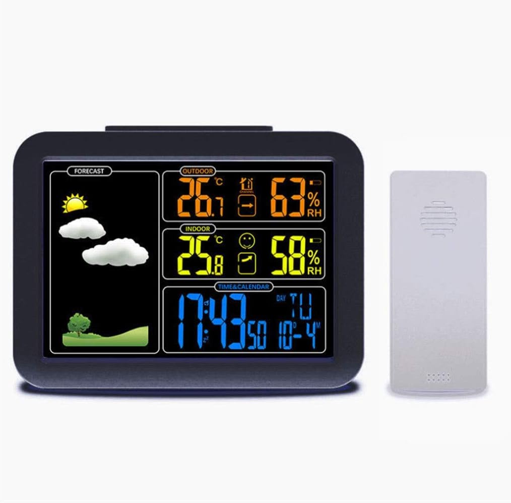 Weather station electronic alarm clock, wireless indoor and outdoor meteorological instrument, with color LCD display thermometer and humidity, for temperature and humidity monitoring in homes and off