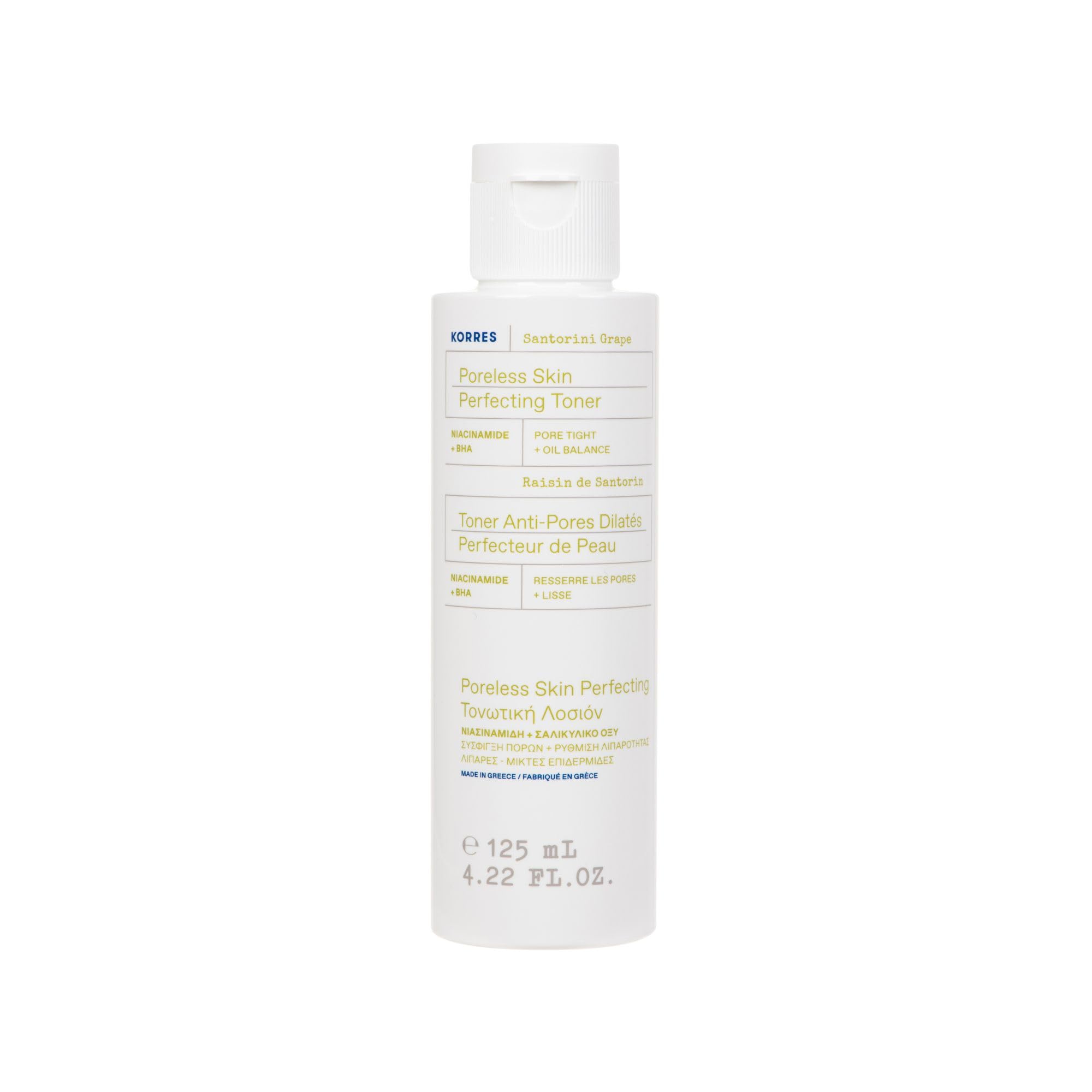 KORRES SANTORINI GRAPE Porenverfeinernder Toner, exfolierend mit 2 % Salicylsäure, Niacinamid & Traubenextrakt, gegen Öl & Unreinheiten, für glatte, strahlende Haut, vegan, 125 ml