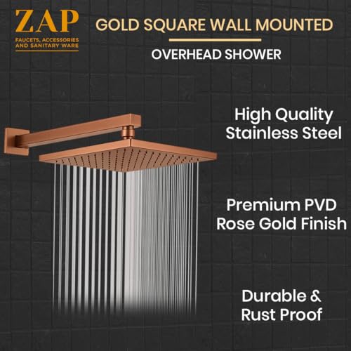 Image of ZAP OHSQ65 360 Degree Rotation Rose Gold Square Overhead Shower SUS304 Stainless Steel | Anti-MIcrobial Silicon Nozzle, Ultra Thin & Lightweight- 6 x 6 inch Showerhead with 15 Inch Rod