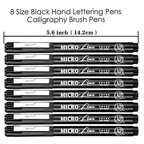 (8 Size) Hand Lettering Pens,Calligraphy Pen,Black Ink Permanent Markers Set for BeginnersBeginners Writing, Brush Lettering, Art Drawing, Water Color Illustrations, Signature