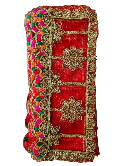 Small MATA Rani Chunri/Chuni/Dupatta for Kanjak Maa Durga Laxmi Sherawali Saraswati Devi Pooja, Golden Net Chunni Navratra/Navratre/Navratri/Diwali/Dussehra Special Red and Golden Size 4x10 Inch - Main Image