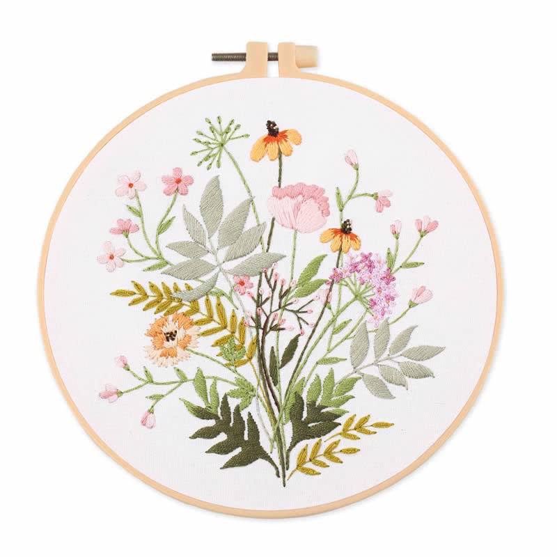 Image of Meecaa Yellow Flower Leaves Embroidery Kit Starter Set, Hand Embroidery Set,Pattern Printed Cross Stitch Set for Beginner Adults, with Embroidery Hoop and Instructions (Flower 1)