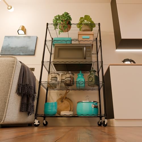 Image of 5-Shelves Wheels Heavy Duty Steel Storage Rack | Multipurpose Shelving Unit for Kitchen, Home & Utility (Black, 5 Shelves Wheels)