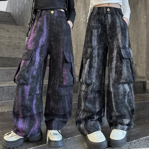 BILIKEYU Girls Jeans High Waist Tie-dye Color Block Baggy Wide Leg Denim Pants with Front Multi Pockets for Kid3