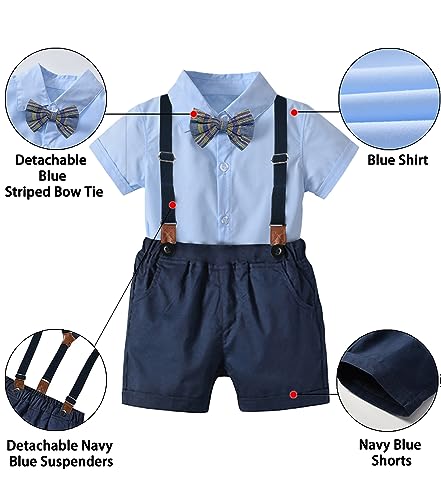 Image of SANGTREE Baby Shorts Dress Clothes Set, T-Shirt + Bowtie + Suspender Shorts Outfit, 3 Months - 14 Years