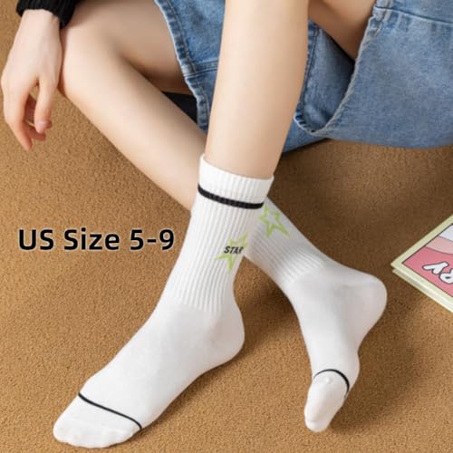 Image of Star Socks 5-Pairs Cute White Black Colorful Star Women's Soft Cotton Rib Mid-Calf Socks