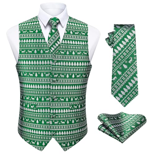 Enlision Mens Christmas Suit Vest Xmas Holiday Tree Snowflake Vest Tie Pocket Square Set Jacquard Waistcoat Party