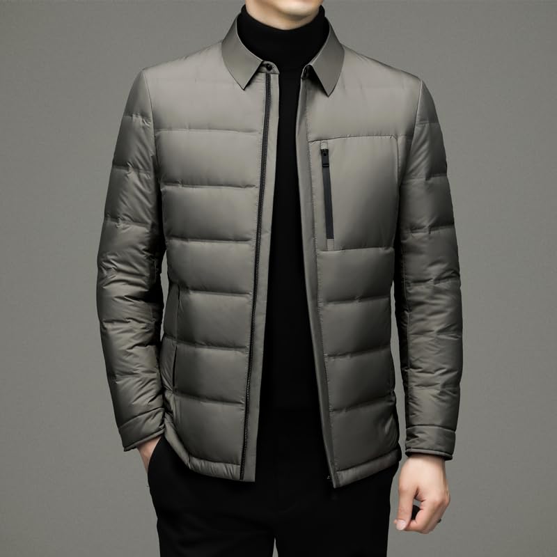 Mens Grey Duck Down Jacket Warm Autumn Winter Coat with Turn Down Collar Business Casual Fashion Outerwear - Image 3
