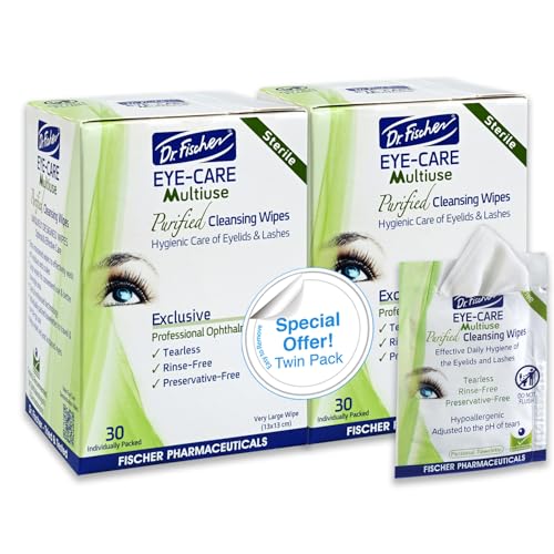 Image of Dr. Fischer Eyelid Wipes - Purified, Non-Irritating, Pre-moistened Eye Wipes for Cleansing Sensitive Skin. Hypoallergenic Make-up Remover (Pack of 2)
