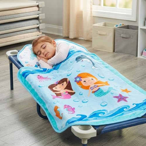 Image of EVERYDAY KIDS Cute Preschooler and Toddler Cot Nap Mat for Home, Daycare, Preschool and Kindergarten; Easy to Roll Sleeping Mat with Elastic Straps, Pillow and Blanket