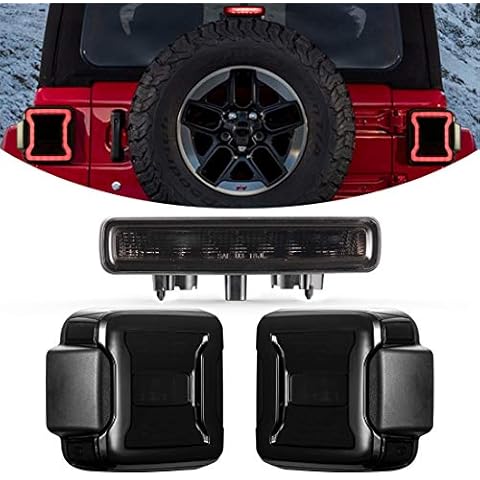Kiwi Master Smoked LED Tail Lights & 3rd Brake Light Set for 2018-2025 Jeep Wrangler JL/4xe Accessories Third Brake Light High Mount Stop Light Reverse Light Turn Signal Light Cover