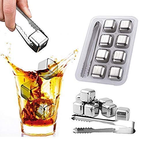 LSARIMO Stainless Steel Pack of 6 Reusable Ice Cubes Chilling Stones with Tong & Freezer Storage Tray for Whiskey Wine Soft Drinks Stainless Steel Reusable Ice Cubes with Tongs Whisky Rocks (Set of 6)