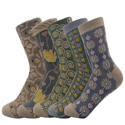 5 Pairs Floral Socks Women Trendy Flower Socks Embroidered Vintage,Girls Cute Sweet Nordic Textured Cotton Socks