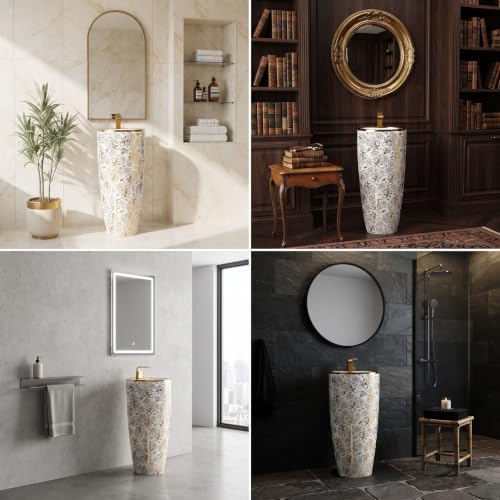 Image of BASSINO 15x15x34 Inches Ceramic Pedestal Wash Basin /7 Years Warranty /One Piece Free Standing Basin For Bathroom /Living Room /Round Modern Sink For Hotel /Floor Mounted Washbasin(Glossy White & Gold)