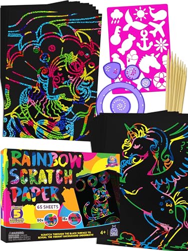 purple ladybug rainbow scratch art paper 79 pcs creative drawing paper amp stencils - arts and crafts for ages 4-12 kids craft activity set for halloween christmas gift birthday party games