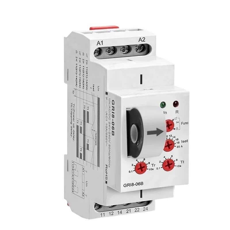GRI8-06 DC Current Sensor Relay 18mm Width 2CO 8A AC/DC Testing 24V-240V Wide Range(GRI8-06B ACDCCurrent)