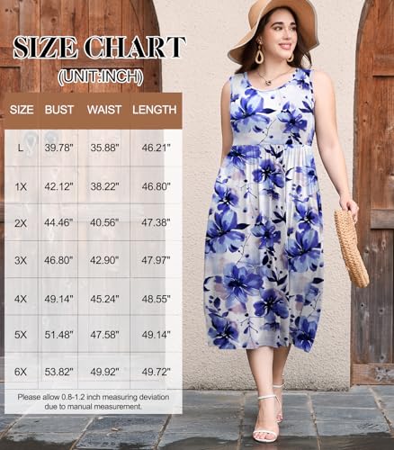 Image of LARACE Women's Plus Size Sleeveless Maxi Dress Casual Crew Neck Pleated Flowy Long Dresses with Pockets L-6XL
