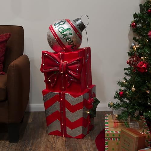 Alpine Corporation Holiday Décor Gifts and Believe Ornament Statue with Color Changing LED Lights