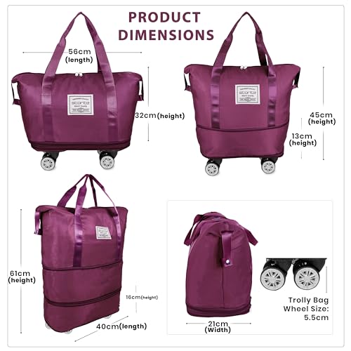 Image of Livello Wheel Bags for Travel Luggage Carry on Duffel Bag, Expandable Foldable Luggage Bag, Dry and Wet Separation Rolling Bag, Travel Totes for Women & Men (1Pcs)(Maroon)