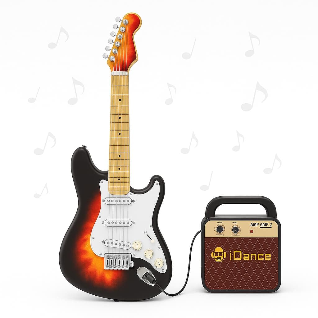 Guitarra Eléctrica Infantil con Altavoz - 4 Modos de Guitarra, 8 Botones de Diapasón y 56 Bucles - Batería Recargable - Incluye Cuerdas, Correa y Amplificador - Instrumento Musical para Niños +3 años