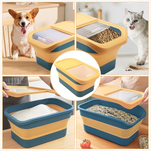 Druuzyl Hundefutter Aufbewahrungsbox 5kg - Faltbarer Futterbehälter für Trockenfutter mit Deckel, Messbecher & Löffel, Luftdicht, Haustierfutter-Container für Hund/Katze mit Faltbare Hundenapf,gelb