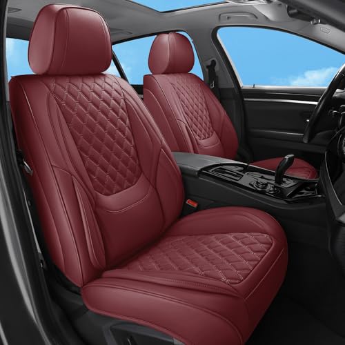 Sxikin Car Seat Covers Full Set Burgundy, Luxury Faux Leather Waterproof Women Non-Slip Seat Protector Universal Fit for Most Cars SUVs Trucks Pick-ups Car Accessories Interior (Wine Red-Full Set)