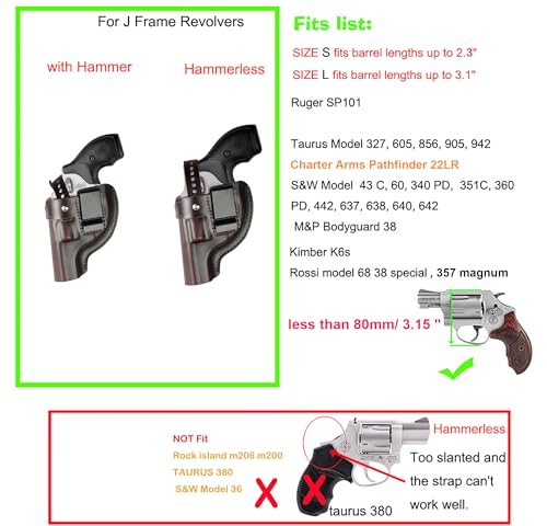 OWB Leather Revolver Holster Fits .38 Special & J Frame Revolvers for Taurus 327/605/856/905 fits S&W 360PD/442/637/640/642 and SP101. Available in 2"/2.25", 2.5"/3" Barrel Options Outside The Belt