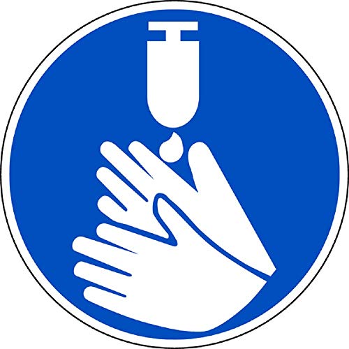 Preisvergleich Produktbild Folie selbstklebend Gebotszeichen, Hände desinfizieren 50mm, 6 Stück auf Bogen - praxisbewährt Aufkleber