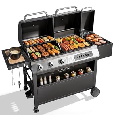 MFSTUDIO Gas and Charcoal Grill Combo with Side Smoker, Heavy Duty Dual Fuel BBQ Grill with Porcelain-Enamel Grates, Perfect for Outdoor Grilling, 840 SQIN Cooking Area