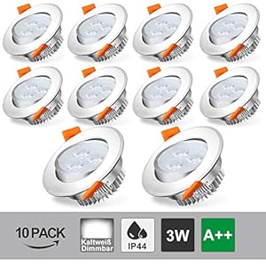 Hengda 10x3W LED Einbaustrahler 245lm Schwenkbar Deckenspot IP44 6500k Weiß Deckenstrahler Wohnzimmer Badezimmer Einbauleuchten 230V mit Treiber [Energieklasse A++]