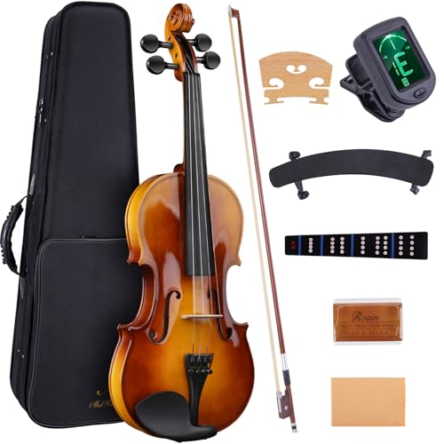 Allset Violin Fiddle Set: 4/4 Polished Violin Kit for Beginners Acoustic Violin with Hard Case Solidwood Handmade Starter Kit with Bow Rosin Shoulder Rest Tuner Strings-Burgundy (yellow Full)
