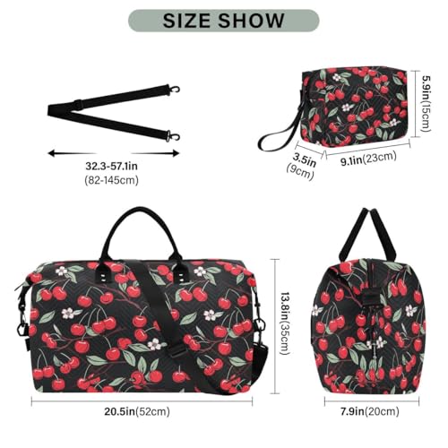 Flower Cherry Green Leaves Black Travel Duffle Bag Gym Bag Weekender Bags with Toiletry Bag Travel Trip Tote Bag3