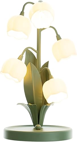 Miniatura 1 de DJAMEL Lámpara de mesa verde con flores y flores, 5 luces, forma floral, hoja de metal con pantalla de vidrio blanco esmerilado, mesita de noche,