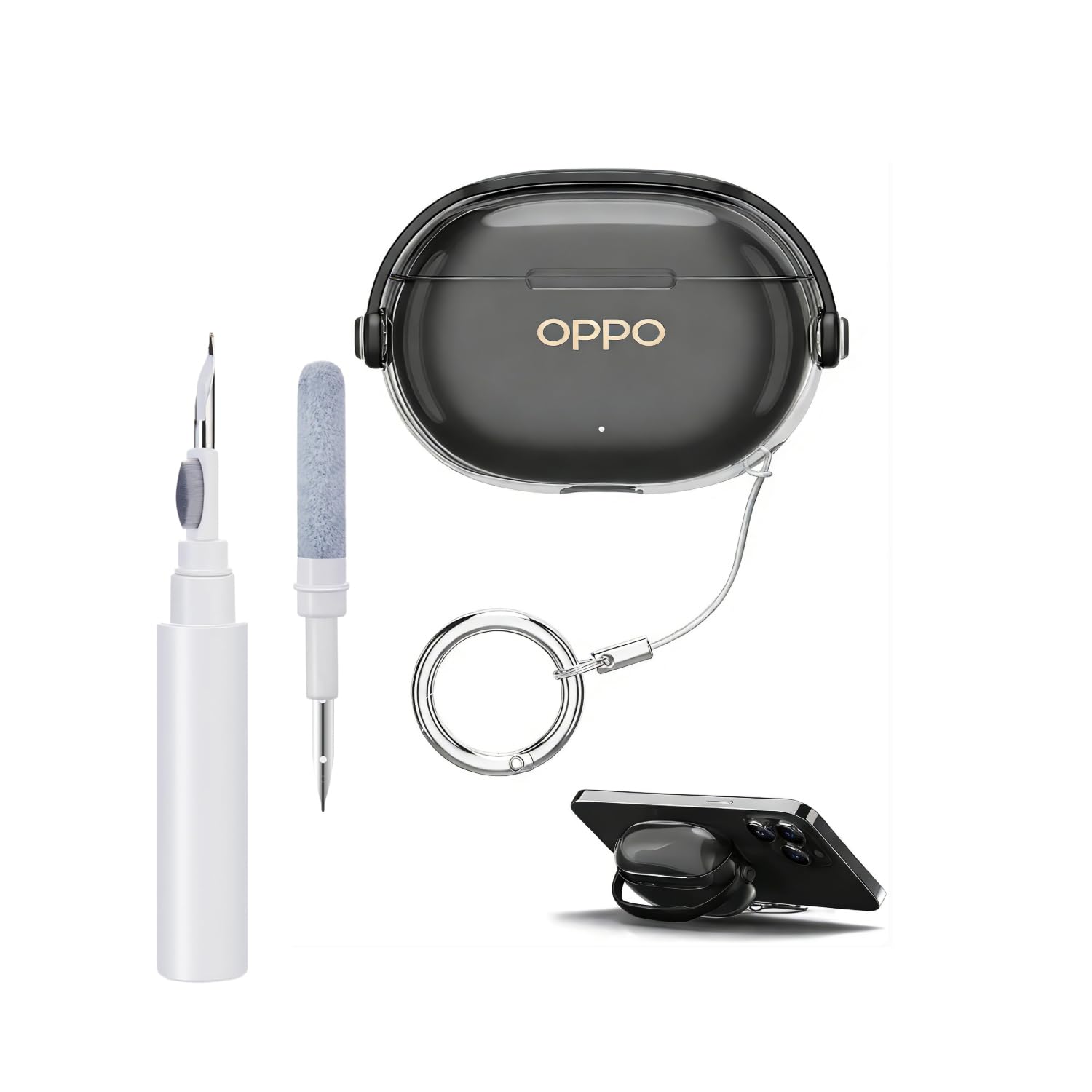 for OPPO Enco Air4 Pro Case – Transparent Black Soft TPU Protective Cover with Carabiner Clip & 3-in-1 Cleaning Tool Kit, Precise Fit for Enco Air4 Pro Charging Case (Transparent Black)