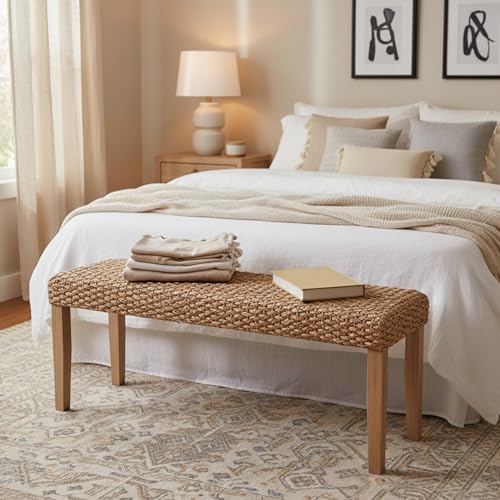Image of Indoor Bench Wicker for Entryway Bench, Wood Bench for Living Room Dining Bench or End of Bed Bench, 47 inch Boho Bench with Solid Wood Acacia & Natural Woven Seat, Rustic Farmhouse Rattan Hallway Bench